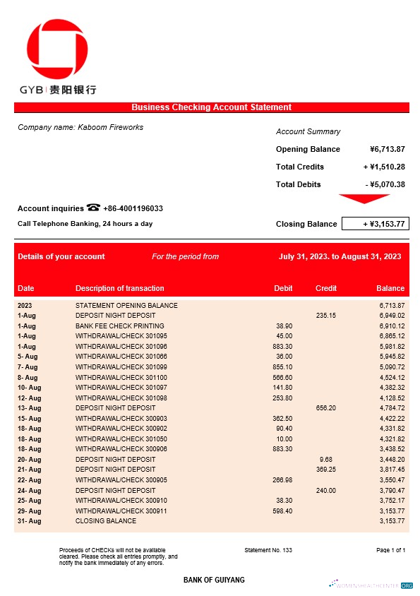 Download Bank of Guiyang firm account statement Word and PDF template Photoshop template